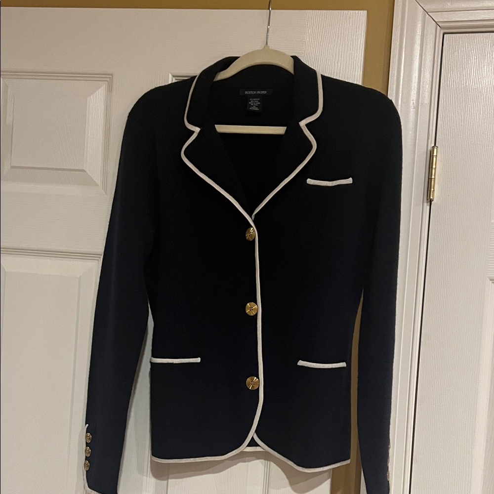 Blue sweater jacket with White Trim